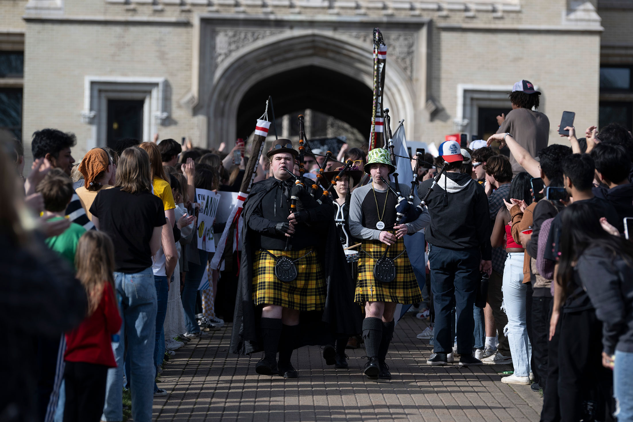 The College of Wooster Pipe Band leads the I.S. Monday parade at The College of Wooster